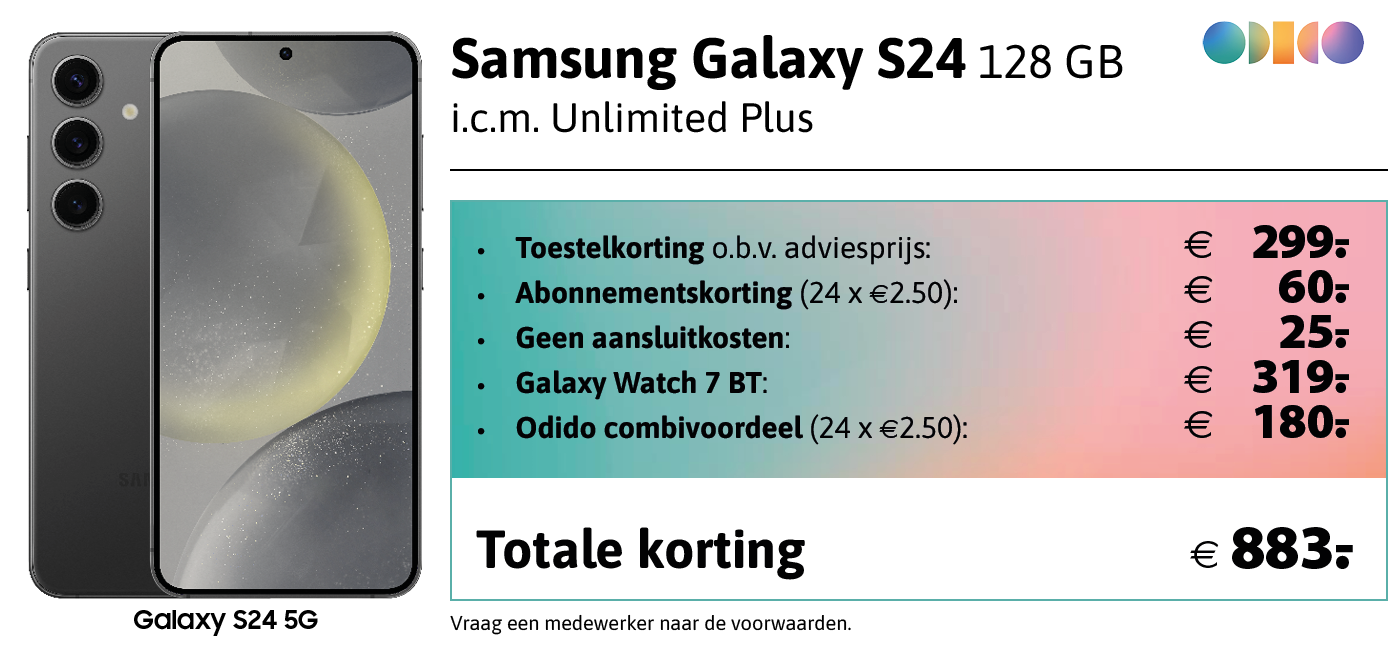 Samsung Galaxy S24 met gratis Galaxy Watch7 BT icm odido abonnement bij Welcom